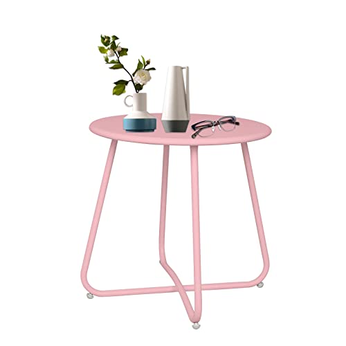 Babion Outdoor Side Tables, Metal Side Table Round Bedside Tables Sofa Table Modern Small Outdoor Side Tables Indoor Snack Table Waterproof Anti-Rust Small End Table For Patio（Light Pink #TOP12