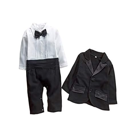 Bilo Store Newborn Infant Baby Boys Tuxedo Bow Tie Jumpsuit Romper and Black Jacket 2-pc Formal Wear Suit 18-24 Months Cover