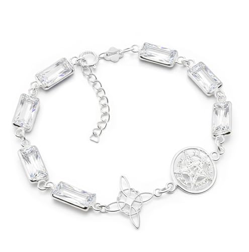 NUDO DE BRUJA Y TETRAGRÁMATON Pulsera Plata ley de doble Protección, Plata ley 925, Circonitas Cuadradas, Piedras semipreciosas Multicolor o Transparente (Piedras Blancas)