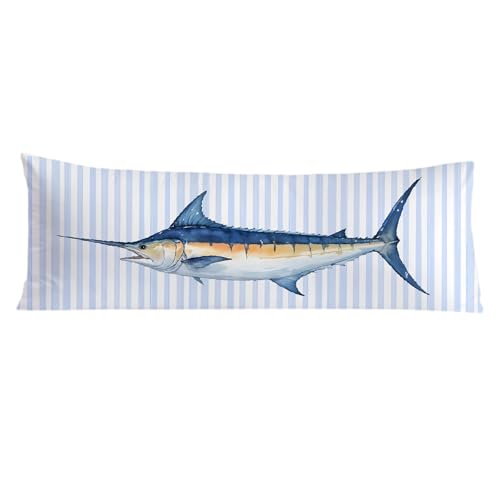 Exqcom Nautical Coastal Ocean Fish Body Pillow Covers 20x54, Coastal Room Decor, Preppy Beach Blue Striped Marlin Fish Long Body Pillow Case Cover with Hidden Zipper for Women Men Adults