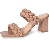 Athlefit Women's Braided Heeled Sandals Fashion Square Open Toe Comfortable Slip on Block Nude Heels Size 8.5
