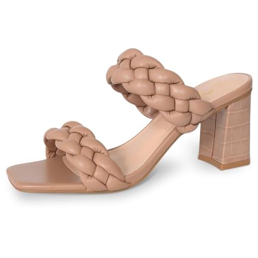 Athlefit Women's Braided Heels Square Toe Strappy Braided Sandals Slides Slip On Woven Block Nude Heels Size 9