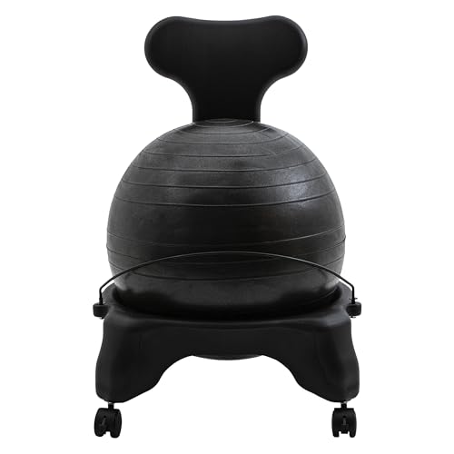 Image of Champion Sports Exercise Ball Chair: FitPro Balance Ball Chair with Wheels and Back Support for Home or Office Use - Includes Hand Pump - Black