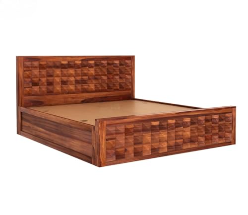Image of King Size Sheesham Wood Box Storage Bed - Diamond Design Solid Wood Bedroom Bed | Honey Finish Wooden Cot | Eco-Friendly Handmade Indian Furniture | Modern Wooden Storage Bed