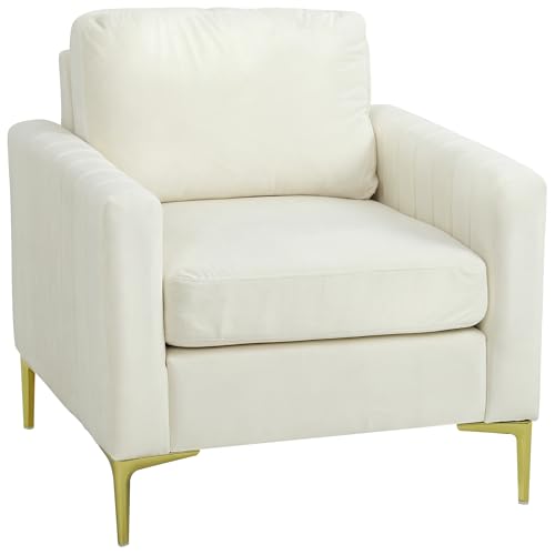 HOMCOM Butaca de Salón, Sillón Relax de 81 cm, Tapizado en Terciopelo, Cojines Gruesos, Patas de Metal, Estructura de Madera, para Sala de Estar, Dormitorio, Oficina, Crema