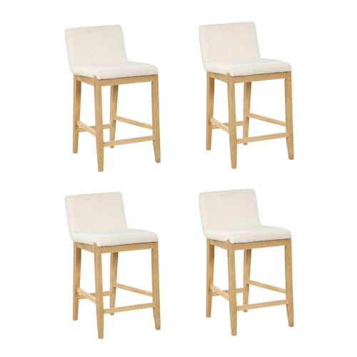 Nathan James Gracie Modern Counter Height Bar Stool with Back, Counter Stool Upholstered Chair with Natural Textured Linen and Brushed Wooden Legs, Cream Boucle/Light Brown, Set of 4