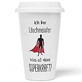JUNIWORDS To-Go Becher aus Porzellan mit Motiv / Spruch: Ich bin Löschmeister. Was ist deine Superkraft?