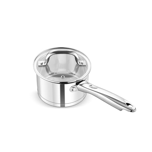 HaWare Stainless Steel Saucepan, 14cm Small Milk Pan with Glass Lid, 1.5L Tri-Ply Bottom Sauce Cookware Pot for Induction Gas Halogen Electric Ceramic, Healthy & Easy to Clean