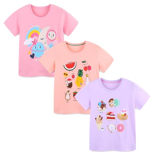 Toddler Girls Short Sleeve T-Shirt 100% Cotton Crew Neck Top Holiday Sweatshirt 3 Pack