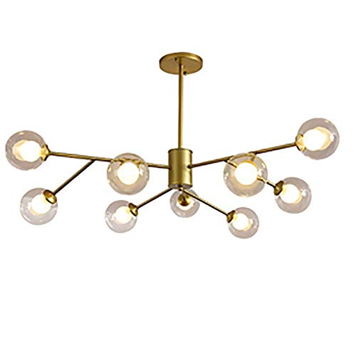 WDLWUJIN Lampe Suspendue Plafonniers Lustres Or À 6 Lumières Avec Globes En Verre Transparent Luminaire Suspendu Au Milieu Du Siècle Branches de Ferme Pour Salon Chambre,D'Or,9 Têtes