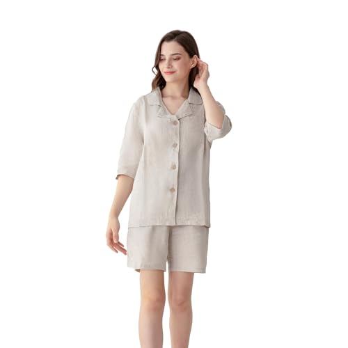 Simple&Opulence Women's 100% Linen Pajama Set Soft Short Sleeve Shirt and Short Pants 2 Pieces Luxury Loungewear Sets Soft and Breathable Sleepwear (Linen,S)