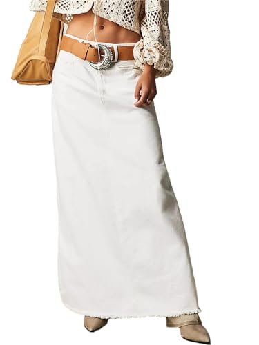 Alyweatry Women Trendy Denim Maxi Skirt High Waist A-Line Frayed Hem Loose Long Jean Skirt OOTD Streetwear