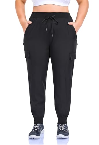 Zerdocean Women'S Plus Size Hiking Pants Lightweight Quick Dry Cargo Joggers Athletic Pants Black 3X