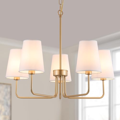 AMZASA Farmhouse Chandelier, 5-Lights Visual Comfort Gold Light, Muted Gold with White Fabric Shade,...