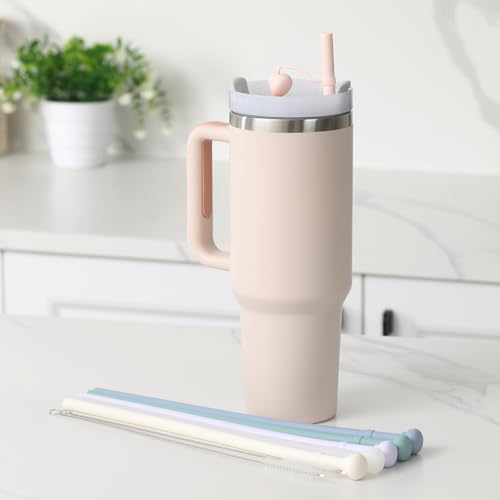 Aieve Replacement 12 inch Long Silicone Straw Compatible with Stanley 40 oz 30 oz Cup Tumbler, 6 Pack Reusable Silicone Straw with Straw Cover for Various Drinkware, with Cleaning Brush