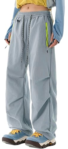 Image of FEOYA Waterproof Pants Women Light Rain Pants Parachute Drawstring Cuffs | Elastic Drawstring Waist,Zipper Large Pockets,Quick-Dry Water-Repellent Baggy Cargo Pants,Camping Hiking Pants Travel Casual