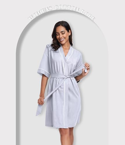 Image of ANLIQI Womens 100% Cotton Robes Lightweight Summer Short Sleeve Lady Bathrobe Knee Length Kimono Robe Sleepwear with Pockets