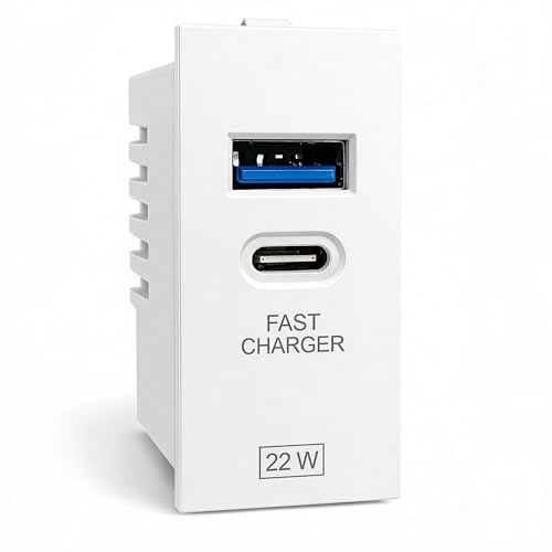 Image of 22W Fast Charging Wall Charger | Dual Port USB Type C Adapter Modular Socket | Power Socket with USB for Modular Switch Board & Wall Socket - White