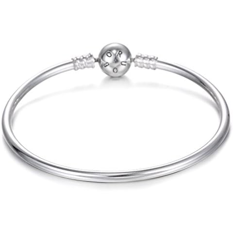 BORUO Sterling Silver Chain Bracelet Bangle Bracelet Style Snap Clasp Fits Troll Chamilia Carlo Biagi Zable Charms, 8 inches, Sterling Silver Cover