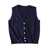 jinghuiyue V Neck Sweater Vest for Women Trendy Sleeveless Cardigan Solid Color Button Down Knitted Tank Tops(Navy Blue-S)