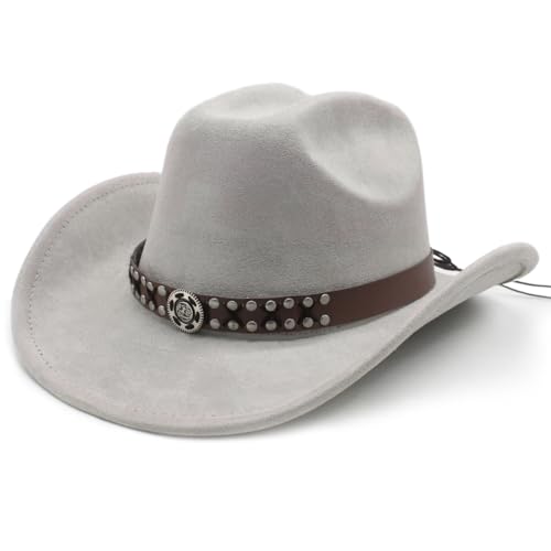 Image of Cowboy Hat for Women Men Wide Brim Western Cowgirl Hat Roll up Brim with Belt Buckle Classic Suede Country Cowboy Hat