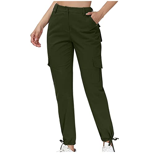 Meldvdib Women's Hiking Cargo Pants High Waisted Straight Leg Joggers Sweatpants Casual Drawstring Work Trousers With Pockets Green #TOP28