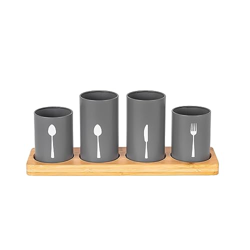Innoteck 4pc Kitchen Cutlery Holder Set - Modern Farmhouse Kitchen Décor - Natural Bamboo - Matt Grey Utensil Crock - Vintage Organizer - Tool Caddy - Countertop Storage