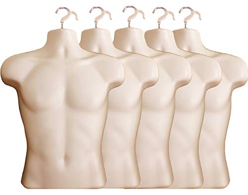 Flesh Male Mannequin Hollow Back Body Torso Dress Form & Hanging Hook, S-M Sizes (5 Pack, Flesh)