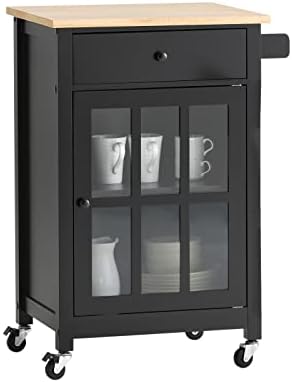 SoBuy® FKW98-SCH, Kitchen Storage Trolley Serving Trolley with Rubber Wood Work top, Black