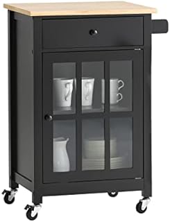 SoBuy® FKW98-SCH, Kitchen Storage Trolley Serving Trolley with Rubber Wood Work top, Black