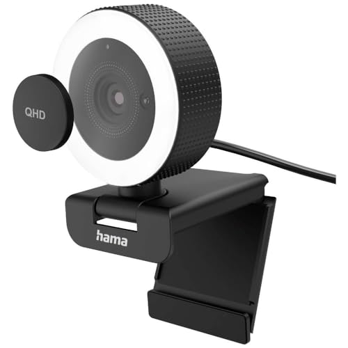 Hama Webcam mit Licht, Zoom, Fernbedienung (QHD 2K PC-Kamera mit Mikrofon Stereo Streaming-Cam, Ringlicht-Webcam Abdeckung, Autofokus, 360° drehen 89° neigen, 1/4-Zoll-Gewinde f Webcam-Stativ) schwarz