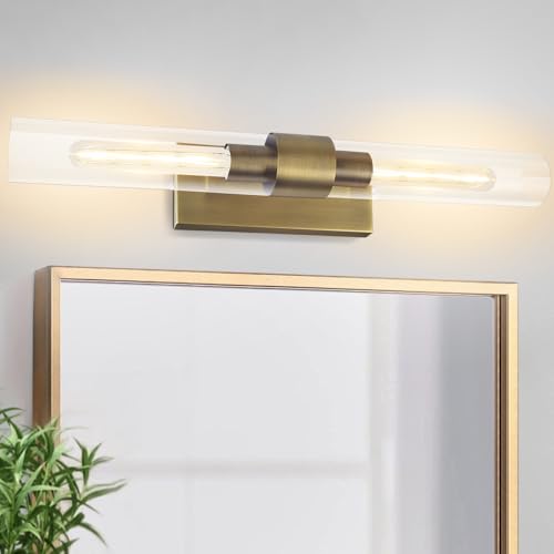 Image of Glass Tube Wall Sconces, 24in Bathroom Vanity Light Fixtures 2-Light Double Glass Sconces Wall Lighting Bathroom Wall Lights for Mirror, Living Room, Bedroom, Hallway (Including Extra Bulbs)-Brass
