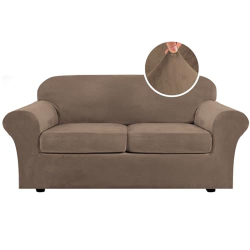 H.VERSAILTEX Real Velvet Plush 3 Piece Stretch Sofa Covers Couch Covers for 2 Cushion Couch Sofa Slipcovers Width Up to 90 Inch Feature Thick Soft Stay in Place (Sofa, Mocha)