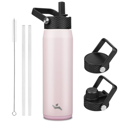 Image of Konokyo 25oz Insulated Stainless Steel Water Bottle with 3 Lids, Leakproof BPA-Free Bottle with Straw Lid, Sip Lid and Flex Cap for Gym, Travel, School, Office, Pink
