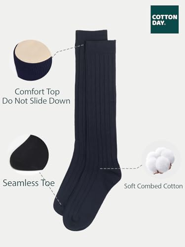 Image of COTTON DAY Kids Girls Unisex Knee High School Dress Socks Seamless Toe 3 Pack Black White Gray Navy Blue