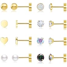 Hypoallergenic Titanium Flat Back Earrings, 6 Pairs Screw Back Gold Stud Earring for Women Men Silver Tiny Helix Earring Cartilage Conch Tragus Piercing Jewelry
