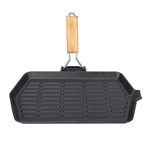 Cast Iron Grill Pan, Household Portable Folding Non Stick Even Heating Steak Frying Pan with Wooden Handle