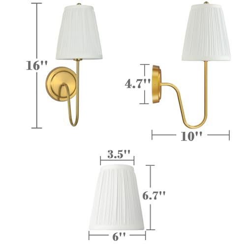 Image of Electro bp;Elegant Single Wall Sconces White Pleated Brocade Fabric Lamp Shades with Polished Gold Curved Metal Arm Covered Wall Light,E12,40W,Hardwired(Set of 2);
