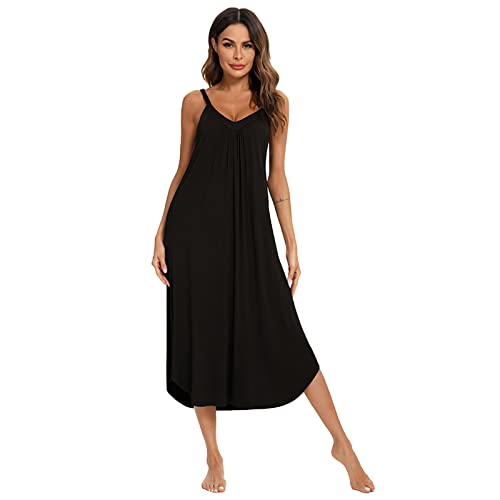 Jamron Mujer Modal Vestido Lencero Loose Fit Vestido de Tirantes Bata Camisón Negro SN070662 L