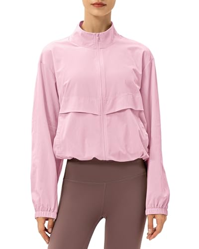 Locachy Women's Lightweight Zip Up Athletic Jacket Stand Collar Windproof Sun Protection Workout Outdoor Jacket Pink S