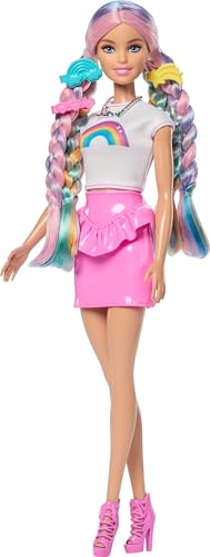 Barbie Mechas arcoíris Muñeca con Melena extralarga y Colorida con 12 Accesorios para peinarla, como un Tubo de Purpurina, un Cepillo, Pinzas, un secador de Pelo, etc., JJP07