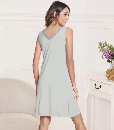 Image of NACHILA Nightgowns for Women-Viscose Made from Bamboo V Neck Nightshirts | Sleeveless Sleep Dress,Satin Sleepshirts,Anti-pilling nightshirt,Moisture-wicking Sleepwear for night sweats,Cooling,OEKOTAX