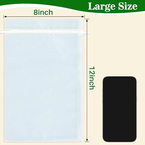 Image of Sukh White Organza Bags 8 inchx12 inch - 100pcs Large Sheer Mesh Drawstring Bag for Jewelry, Soap, Fruits, Candy, Small Gift Bag for Weddings, Valentine's Day, Mother's Day, Halloween, Thanksgiving, Christmas