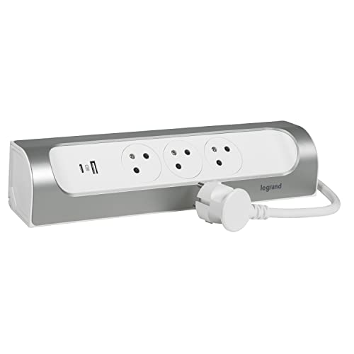 LEGRAND - Multiprise d'Angle - 3 Prises Surface avec Terre + Prise USB-C + Prise USB-A - Installation Horizontale ou Verticale - Cordon 1 m - Blanc et Alu