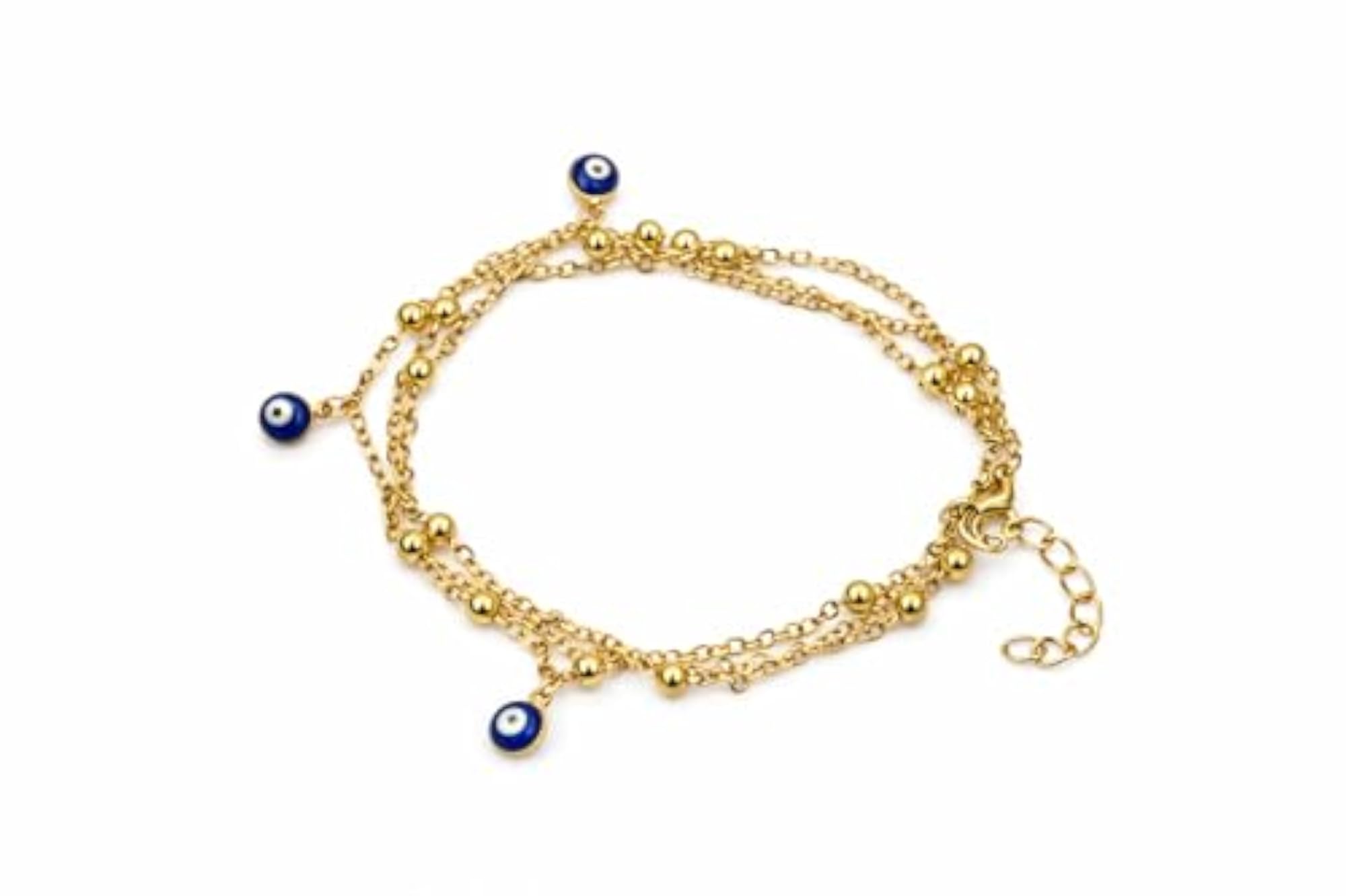 Women's 18K Gold Plated Brass Triple Layered Blue Evil Eye Anklet