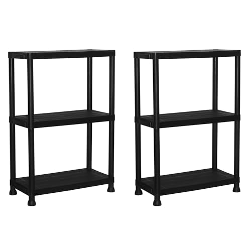 ADANITY Pack 2 Estanterías de Resina 3 Baldas Negra | Organizador de Plástico 91x61x31 cm | Capacidad 75kg | Resistente a la Humedad y Óxido | Montaje Rápido sin Herramientas | Trastero y Lavadero