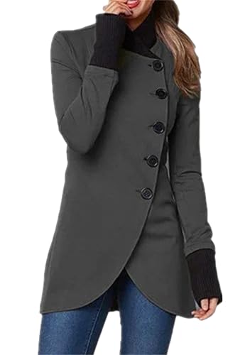 Image of MAYRAIN Ladies Solid Color Winter Overcoats Single Breasted Fashion Pea Coat Outerwear High Neck Coat Grey M