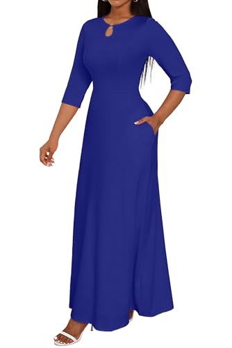 Image of FANDEE Women's Maxi Dress Casual Boho Plain Long Dresses 3 /4 Sleeve with Pockets