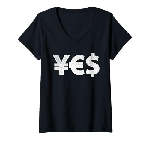 Damen JA Währungsdesign | Yen-Euro-Dollar-Symbole T-Shirt mit V-Ausschnitt