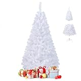 GOPLUS Sapin de Noël Artificiel Blanc 150 cm, Arbre de Nöel avec 350 Branches, Socle en Fer, Feuilles en PVC, Décoration de Noël, Idéal pour Suspendre Guirlande de Lumières et Etoile, 4 Tailles